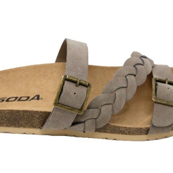 Womens Soda Taupe Tan Braided Cork molded footbed buckle Slide Sandals Size 6.5 - Picture 6 of 9